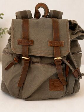 Aukmont Plus Canvas Leather Backpack Olive green Travel Hiking Laptop Bag